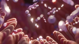 Picture representing intestinal lining and microbiome.